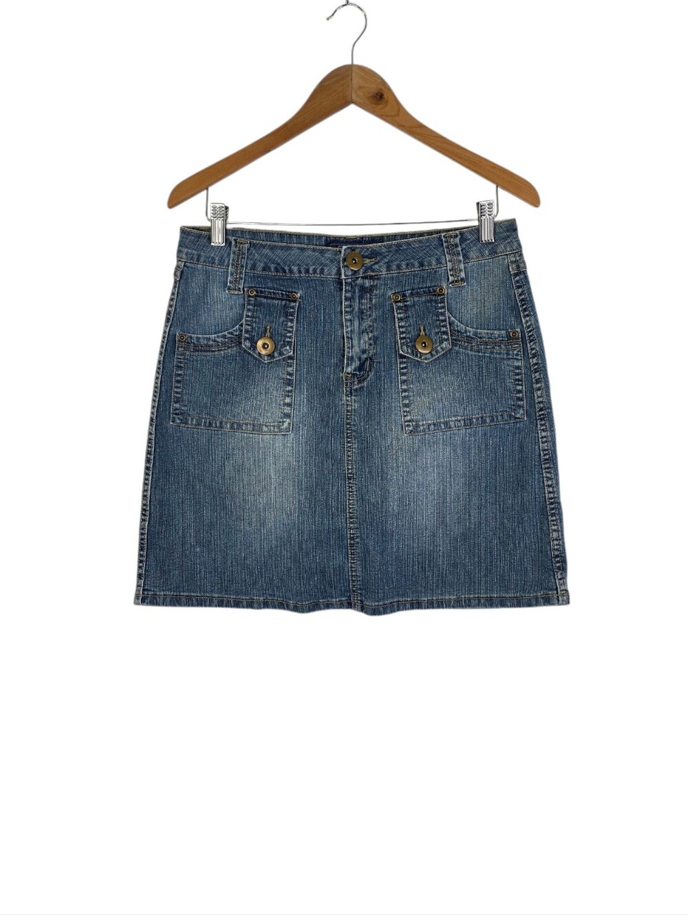Baccini Women's Size 10 Petite Denim Jean Skirt Zipper Accents Medium Wash 2000s